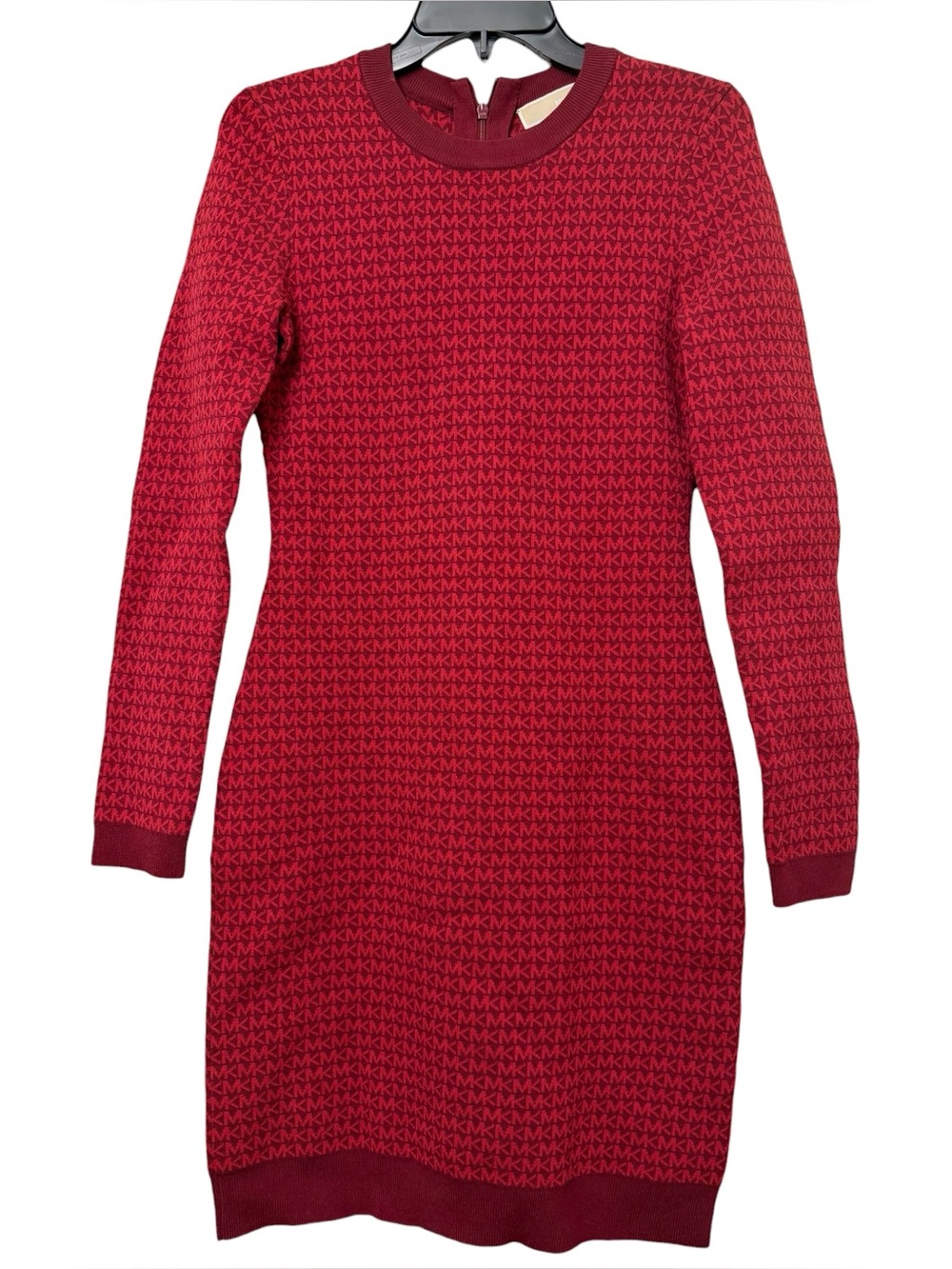 Michael Kors MK Logo Bodycon Sweater Dress Red Burgundy Long Sleeve Knit